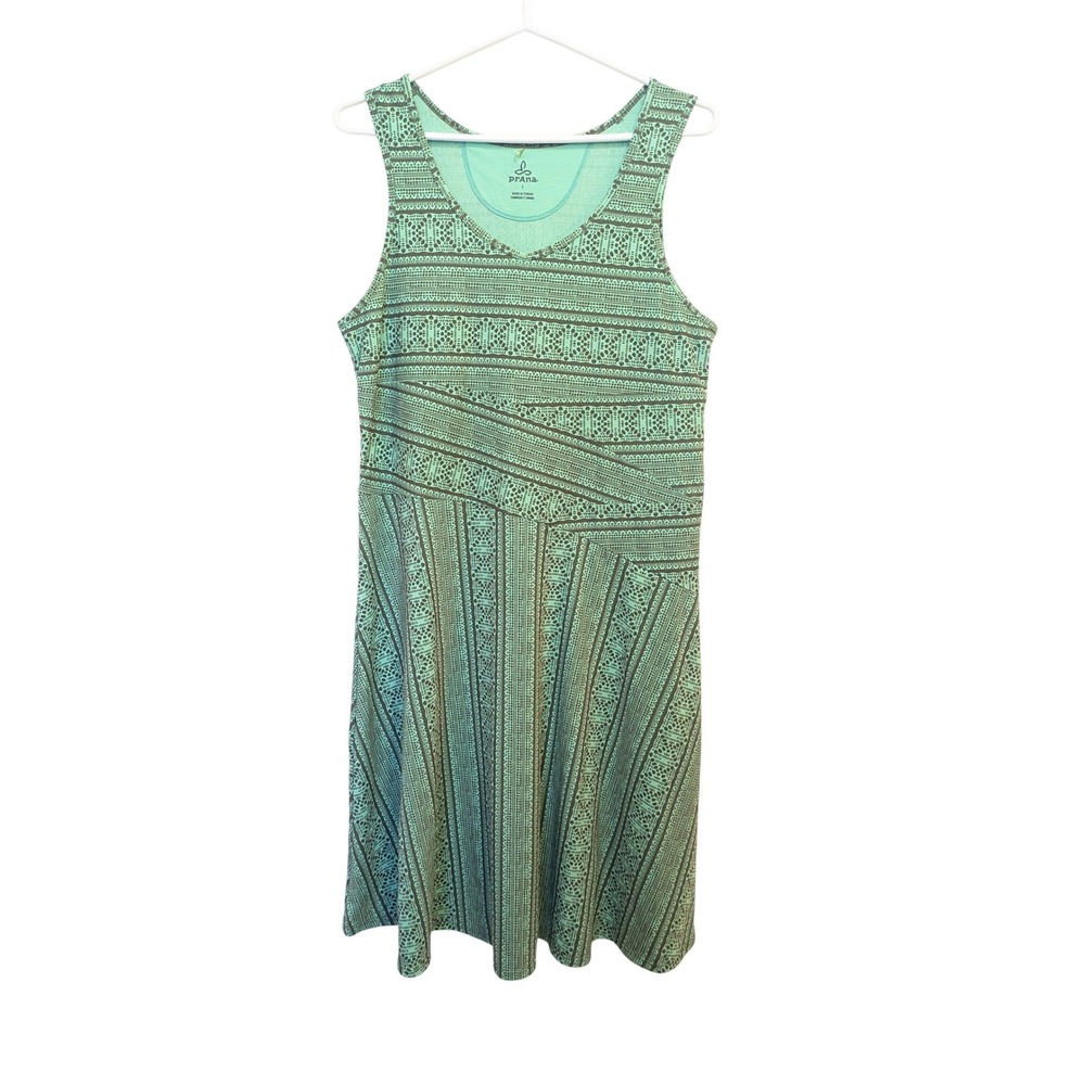 Prana Teal Geometric Print Sleeveless ALine Midi Dress Women's Size Large
